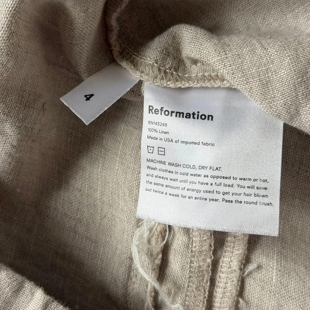 Reformation Oatmeal Beige 100% Linen Pleated High Rise Tapered Pants Size 4